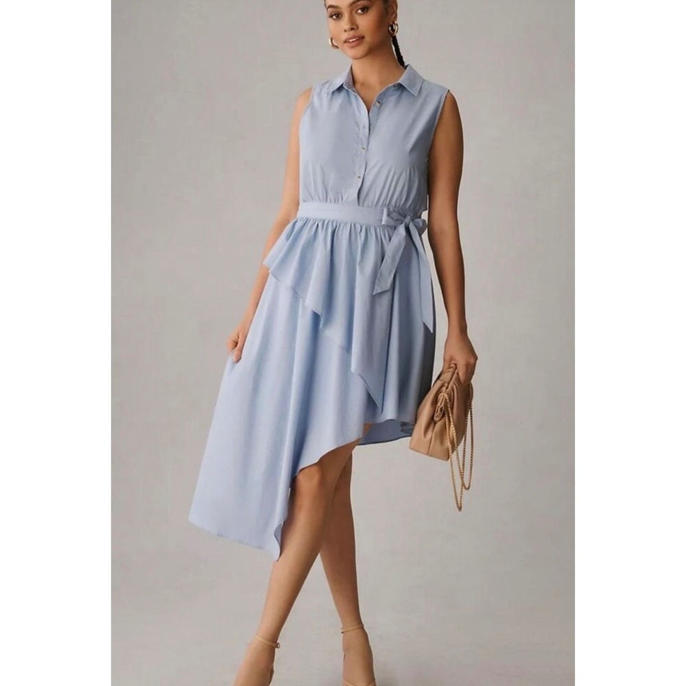 Maeve Anthropologie Blue Asymmetric Ruffle Shirt Dress 14 Tie Waist